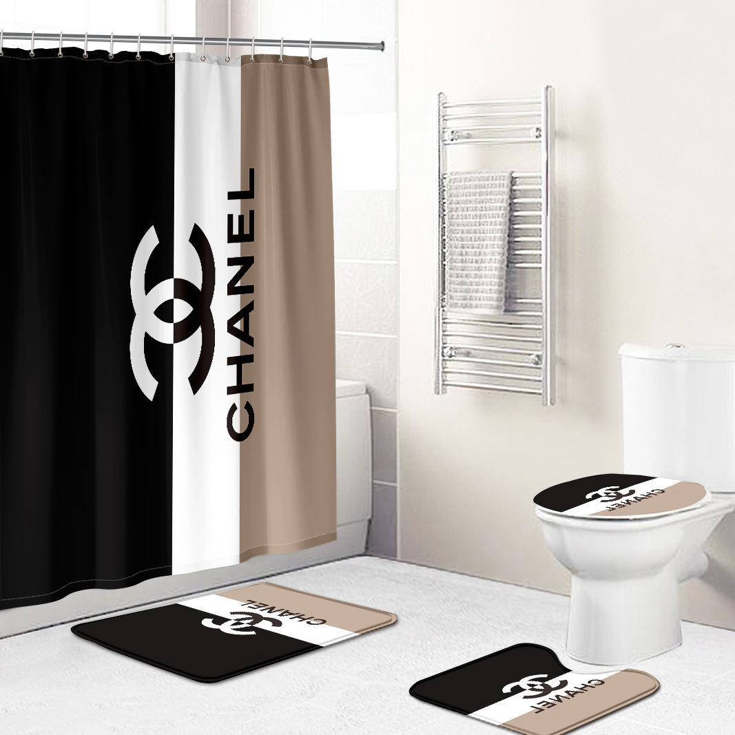 Chanel shower curtain beige black and white luxury bath mat sets shower curtain 11 Bathroom Set