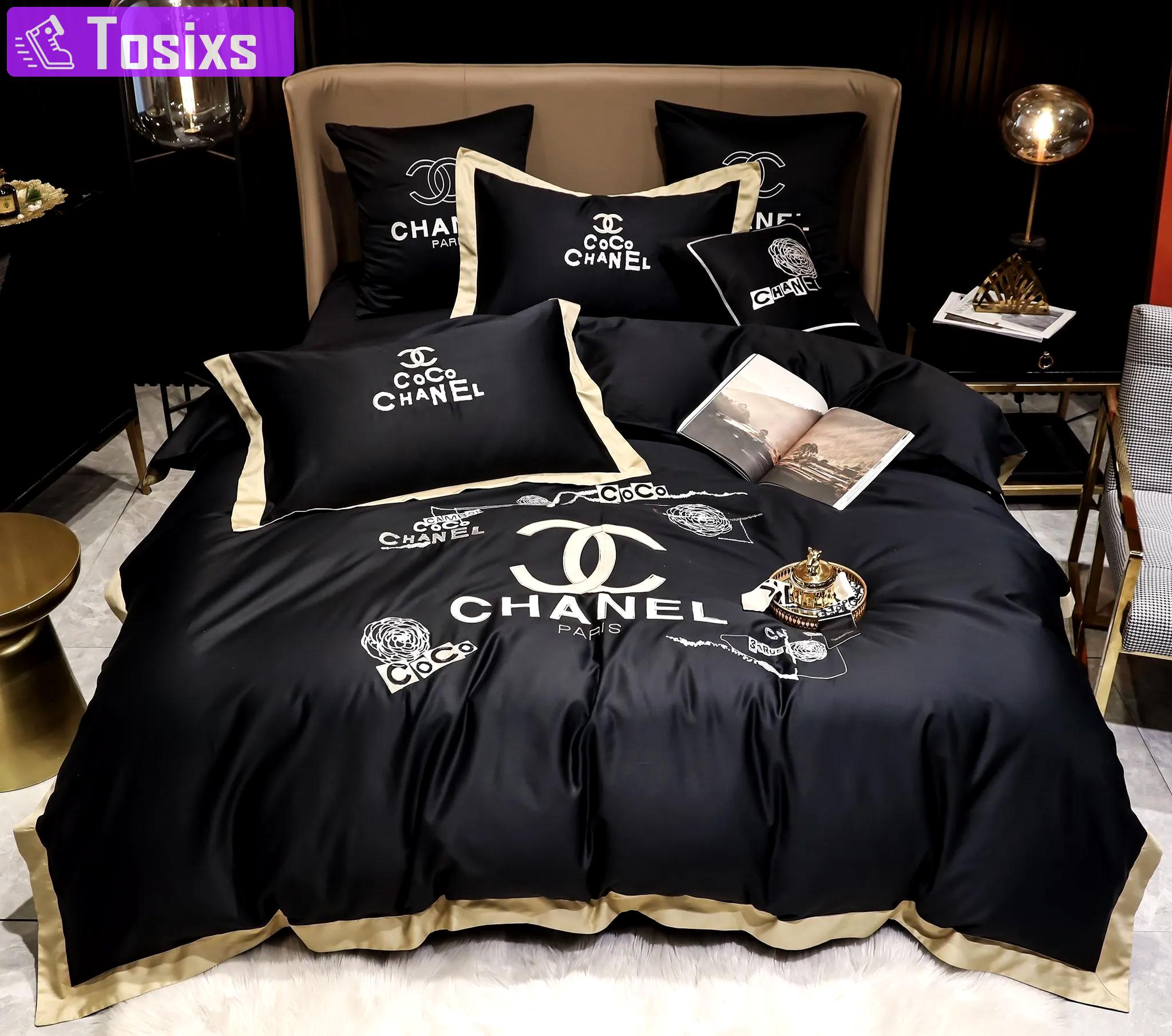 Coco chanel black luxury brand high-end bedding sets, bedroom decor , thanksgiving decorations for home best luxury bed sets gift thankgivings and christmas Bedding Sets