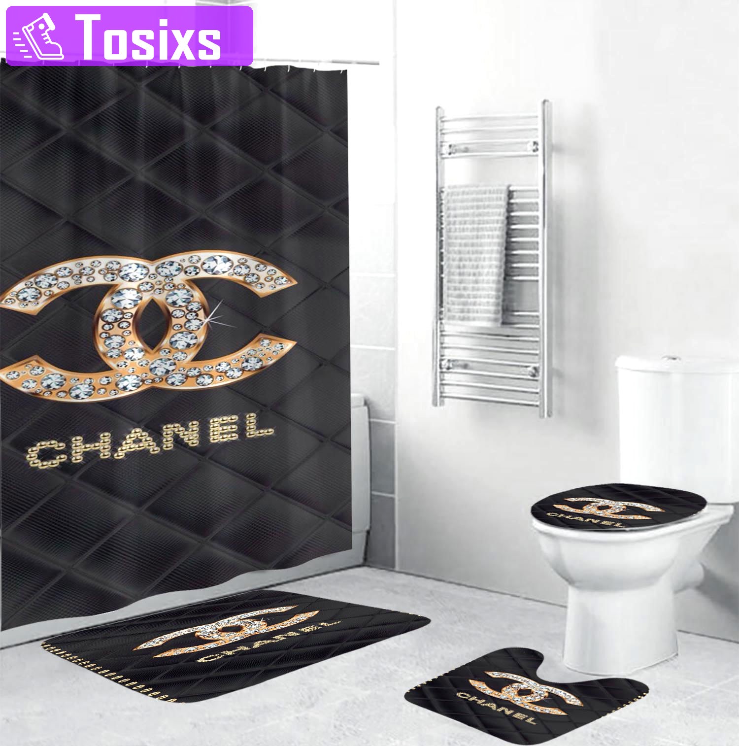 Coco chanel goldenwith full of diamonds in argyle background home decor bath mat hypebeast luxury fashion brand bathroom sets Bathroom Set