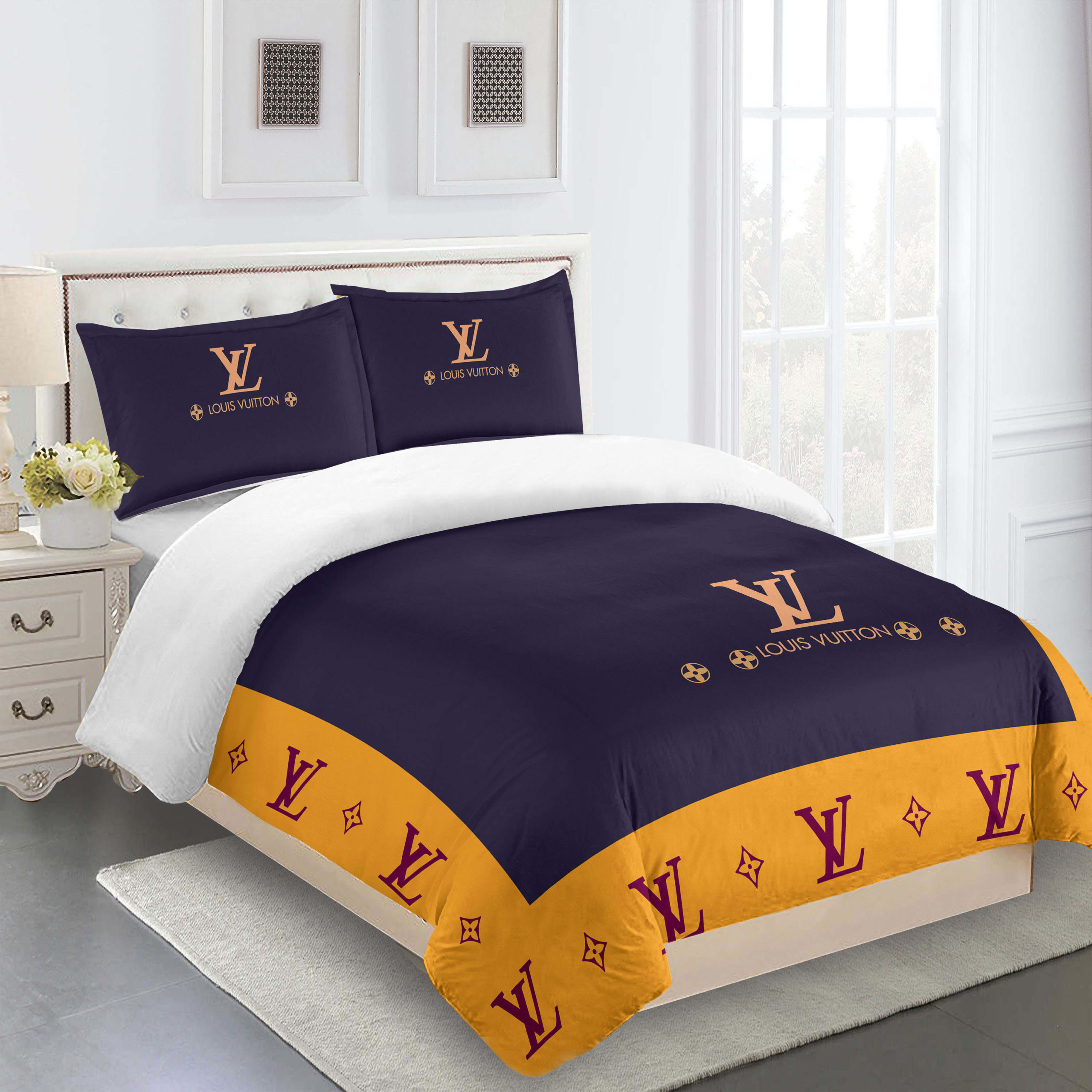 Comforter sets blue and yellow louis vuitton bedding set  home decoration Bedding Sets