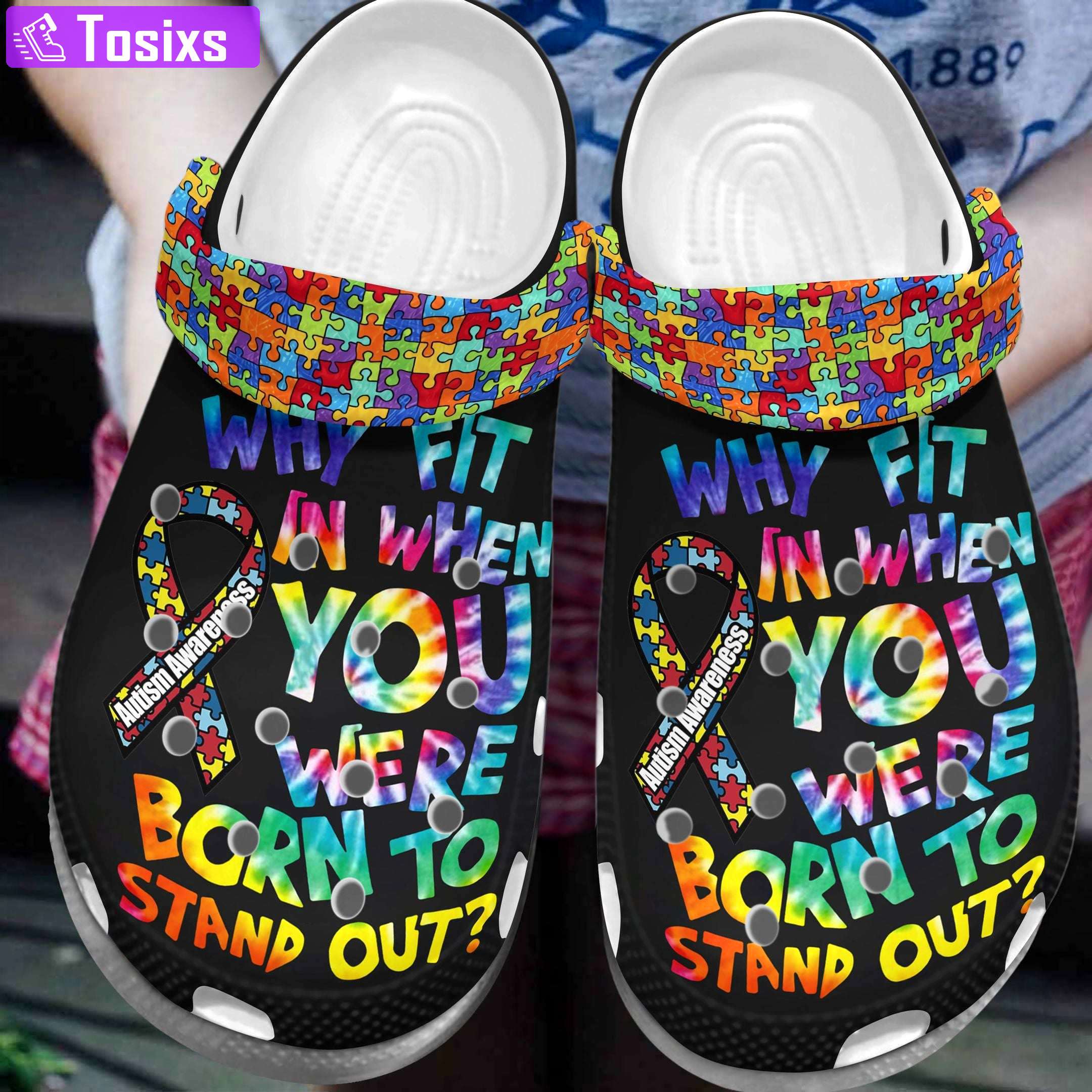 Crocs outfit - autism awareness day why fit in when you were born to stand out puzzle pieces crocs crocband clog shoes - 147 Crocs Outfit