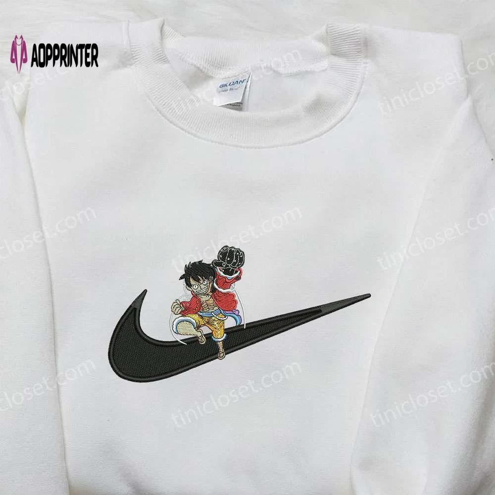 Exclusive monkey d luffy x nike swoosh shirt: cool anime embroidered tee Embroidered Shirt