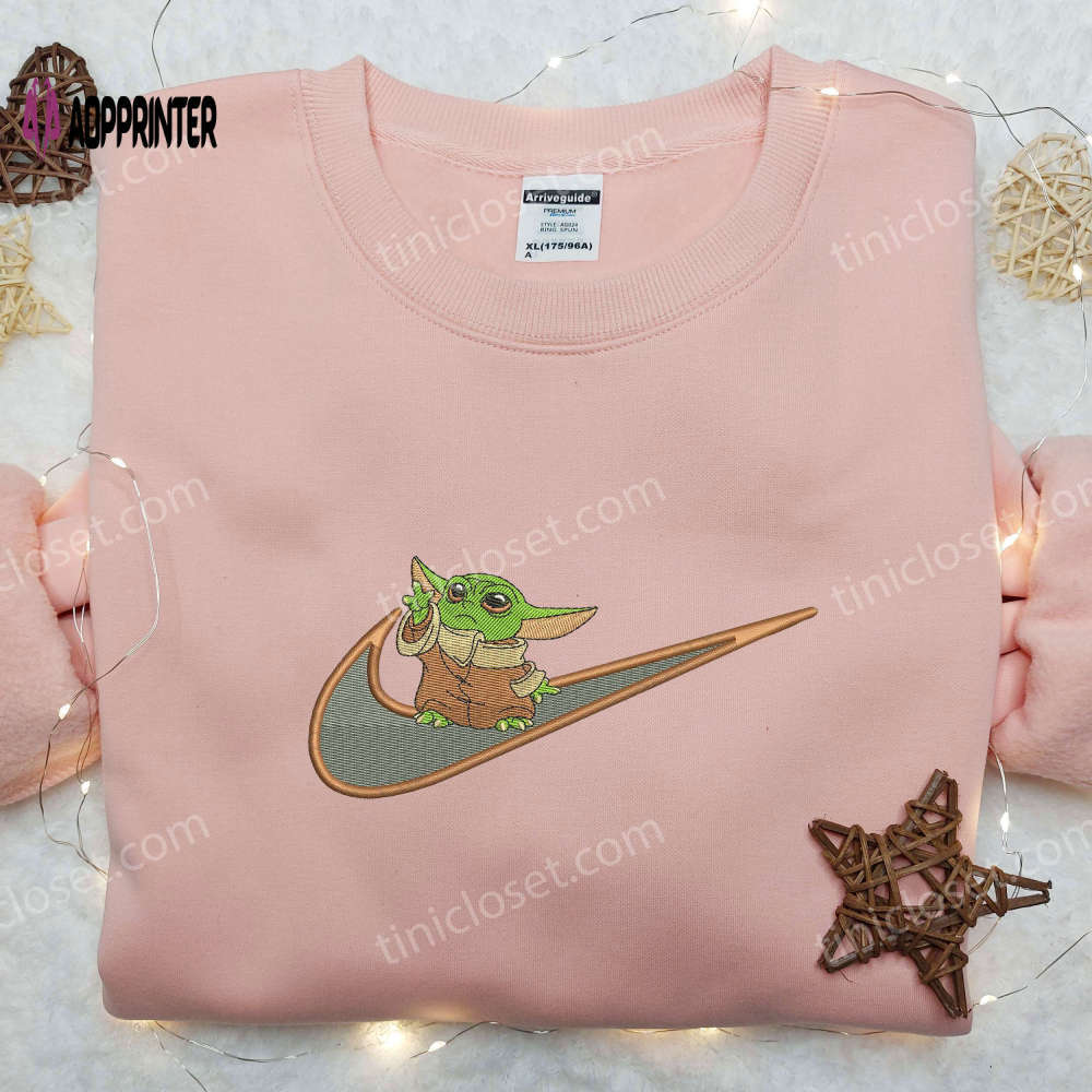 Flying baby yoda x nike embroidered shirt – custom cartoon star wars tee Embroidered Shirt