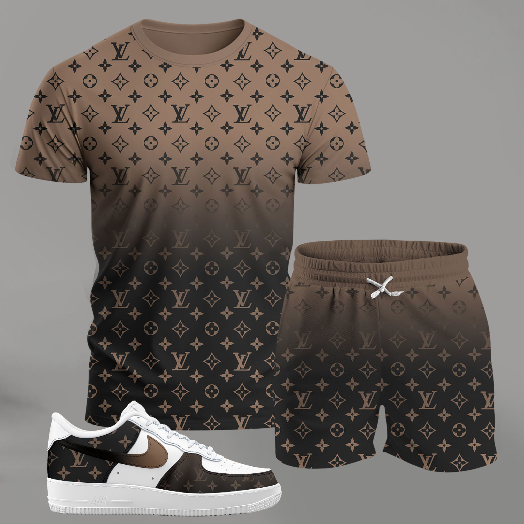 For the girls who love neutral tones, brown gradient monogram outfit t-shirt set | minimal aesthetic everyday wear T-Shirt Short Sneakers Set