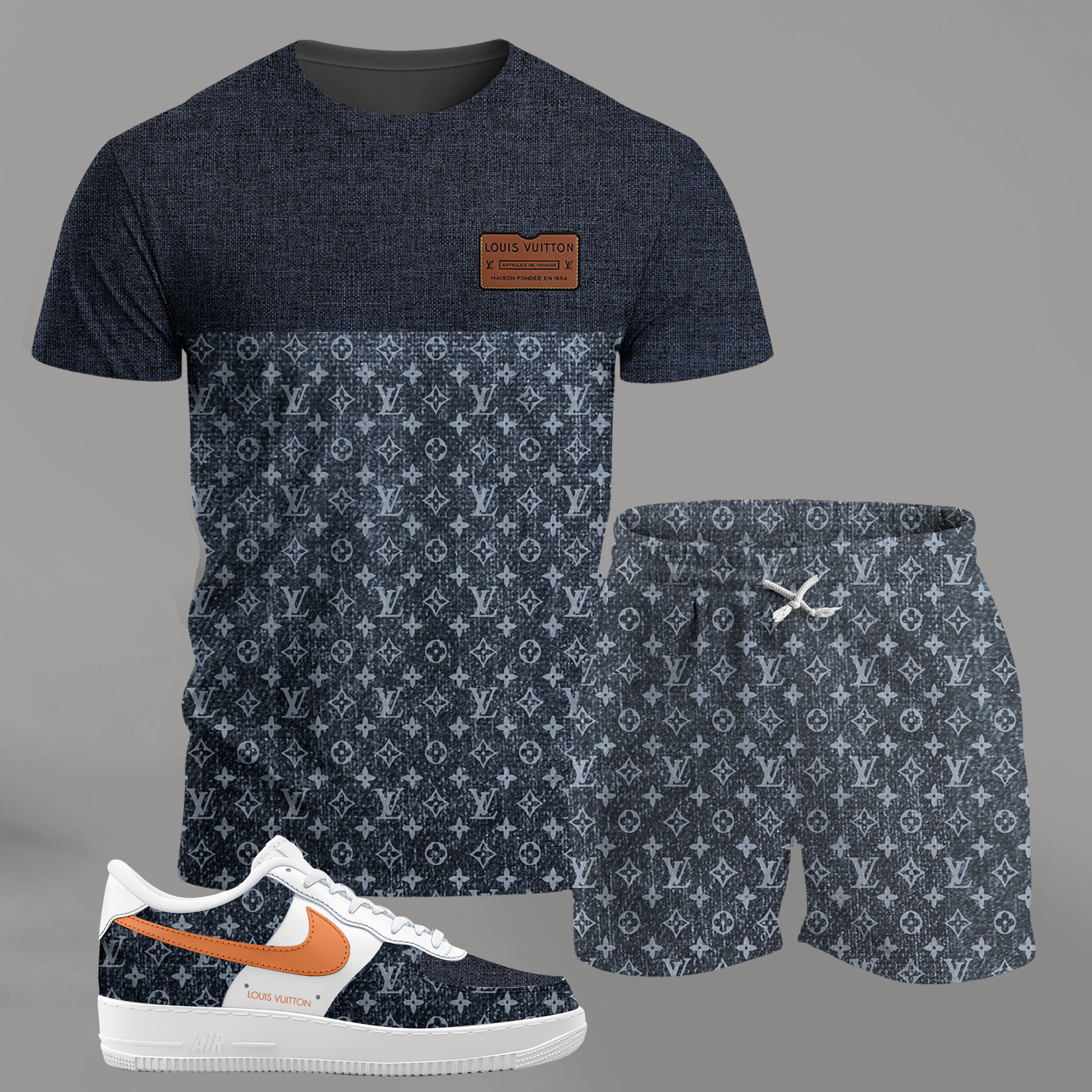 For the girls who love textured minimal outfits, blue-gray pattern t-shirt set | casual aesthetic everyday wear T-Shirt Short Sneakers Set