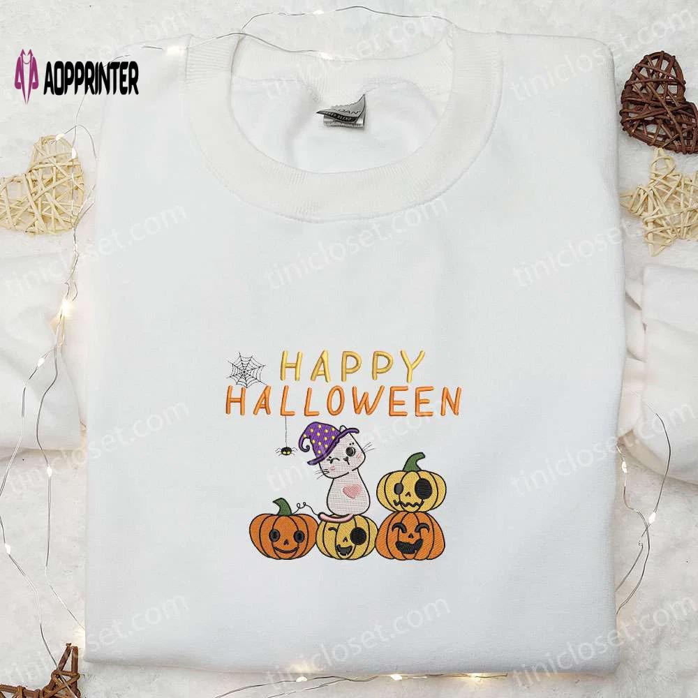 Funny happy halloween cute cat embroidered shirt – best halloween gift and clothing ideas Embroidered Shirt