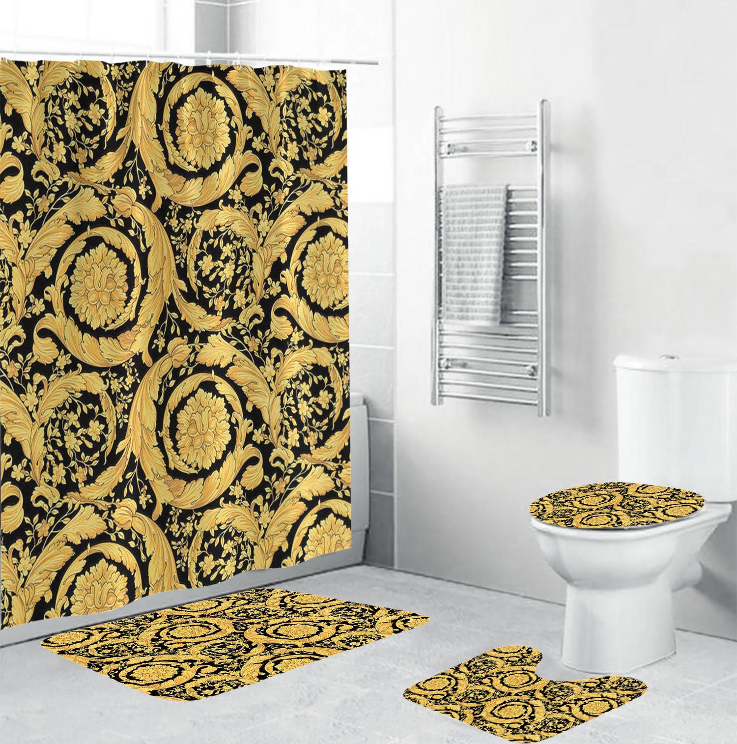 Gianni versace gold logo type 1929 Bathroom Accessory Sets Luxury Fashion Brand Bathroom Sets Pedestal Rug Toilet Cover Home Decor Bath Mat Set Waterproof Shower Curtain Hypebeast Bathroom