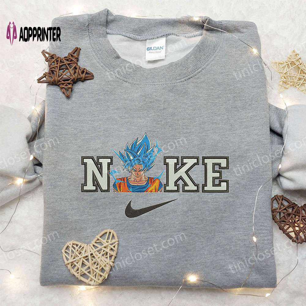 Goku super saiyan blue x nike embroidered sweatshirt – dragon ball & nike inspired shirt Embroidered Shirt