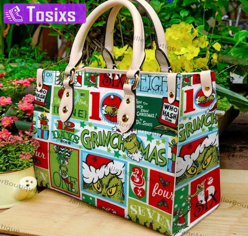 Grinch christmas leather handbag gift for women 741 Women Leather Hand Bag