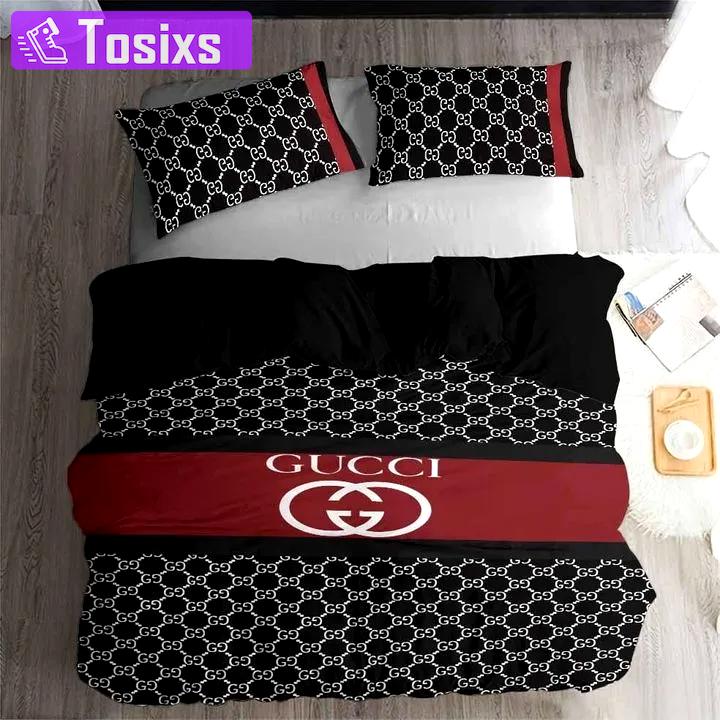 Gucci black dots logo 3d printed bedding sets quilt sets duvet cover luxury brand bedding decor bedroom sets best luxury bed sets gift thankgivings and christmas Bedding Sets