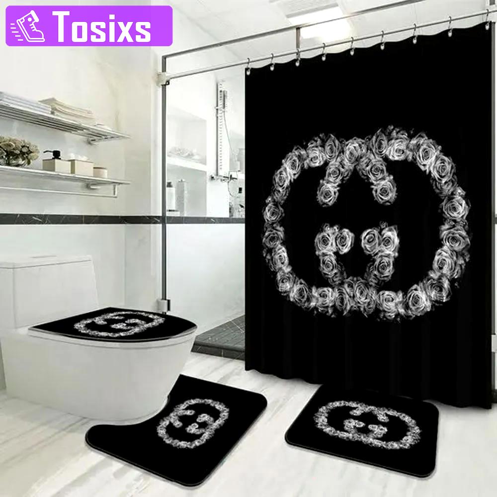 Gucci black flower hypebeast bath mat bathroom sets home decor luxury fashion brand Bathroom Set