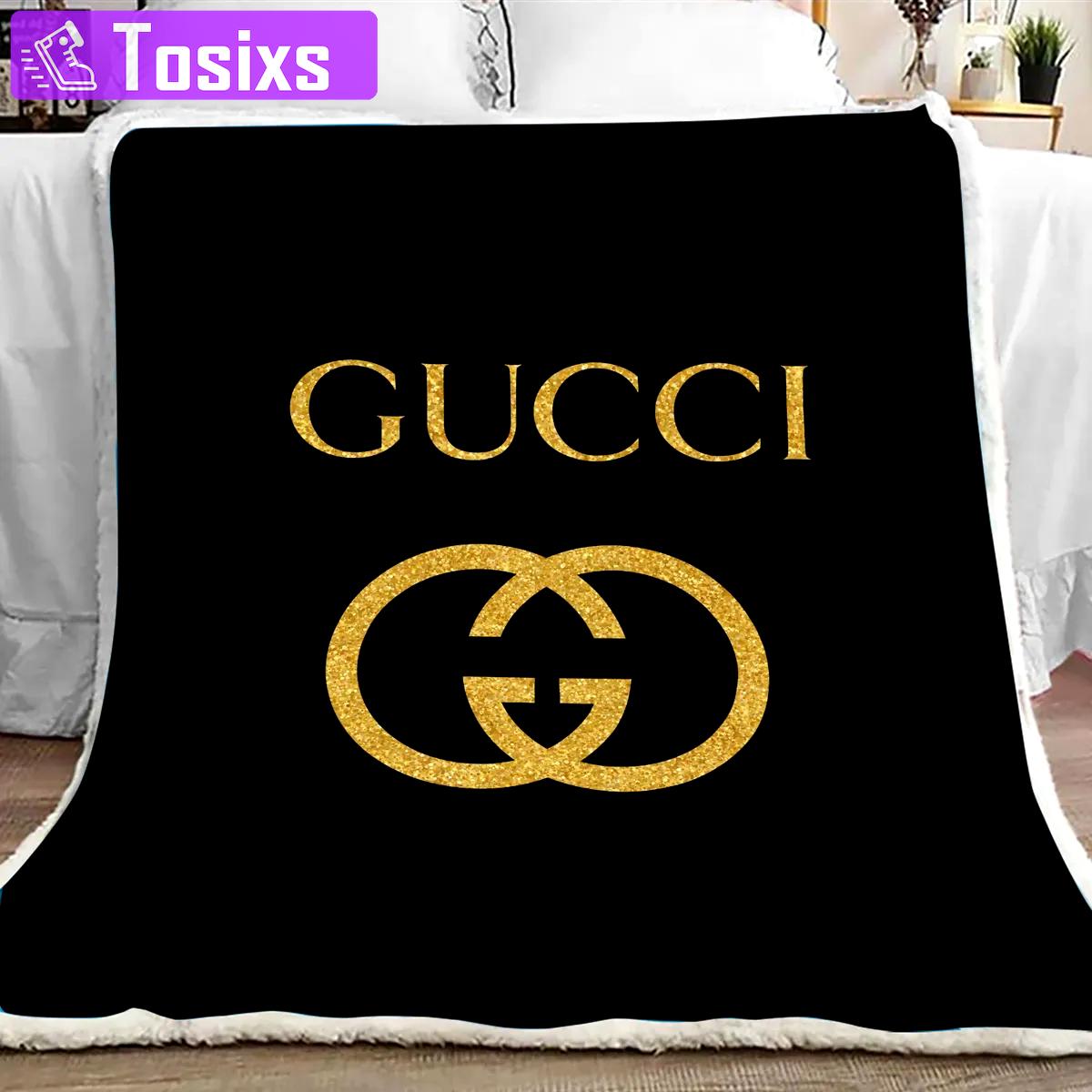 Gucci black golden logo luxury brand premium blanket fleece home decor 73 Blanket Fleece
