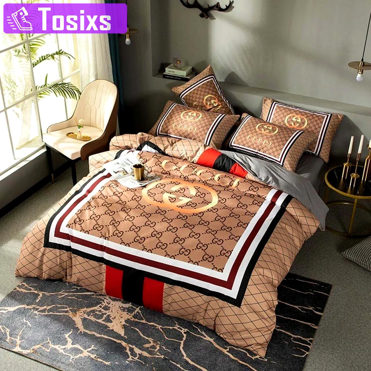 Gucci brown luxury brand high-end bedding sets, bedroom decor , thanksgiving decorations for home best luxury bed sets gift thankgivings and christmas Bedding Sets