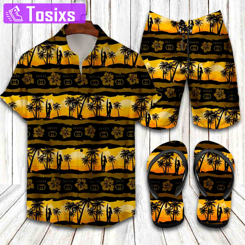 Gucci coconut tree hawaiian shirt beach shorts and flip flops combo Hawaii Shirt Shorts & Flip Flops