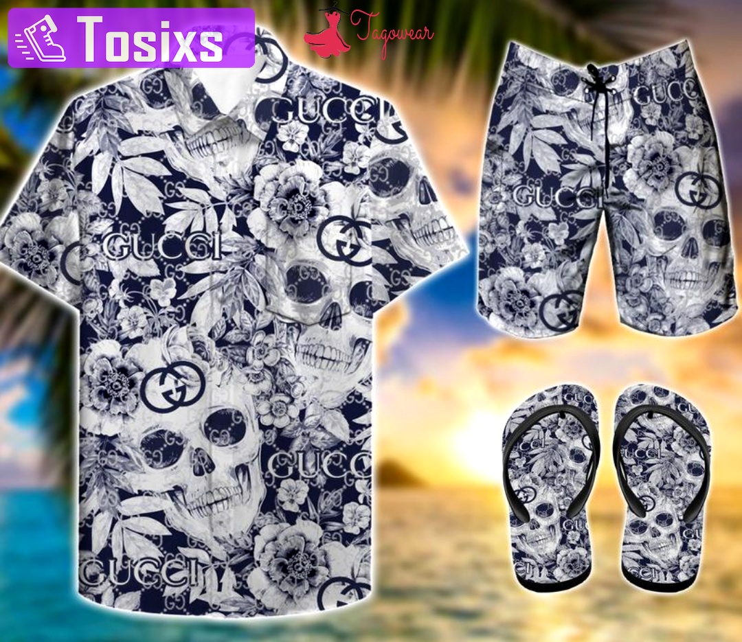 Gucci combo hawaiian shirt, beach shorts flip flops luxury summer clothes style #249 Hawaii Shirt Shorts & Flip Flops