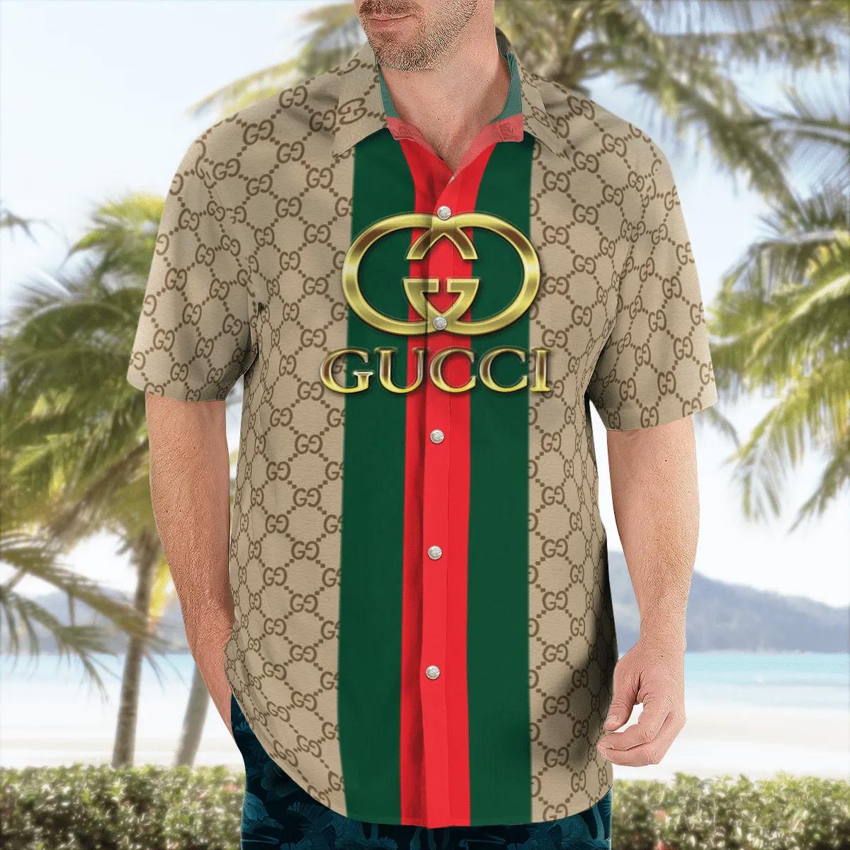 Gucci cream stripes luxury brand premium fashion hawaii shirt Hawaii Shirt Shorts & Flip Flops