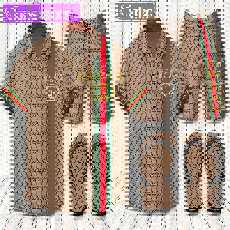 Gucci flip flops and combo hawaii shirt shorts luxury brand summer outfit 2 Hawaii Shirt Shorts & Flip Flops