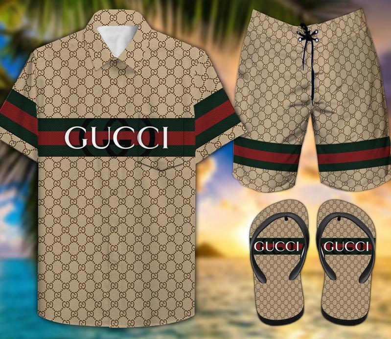 Gucci flip flops and combo hawaii shirt shorts luxury brand summer outfit 4 Hawaii Shirt Shorts & Flip Flops