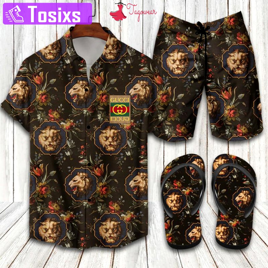 Gucci flip flops and combo hawaiian shirt, beach shorts luxury summer clothes style #323 Hawaii Shirt Shorts & Flip Flops