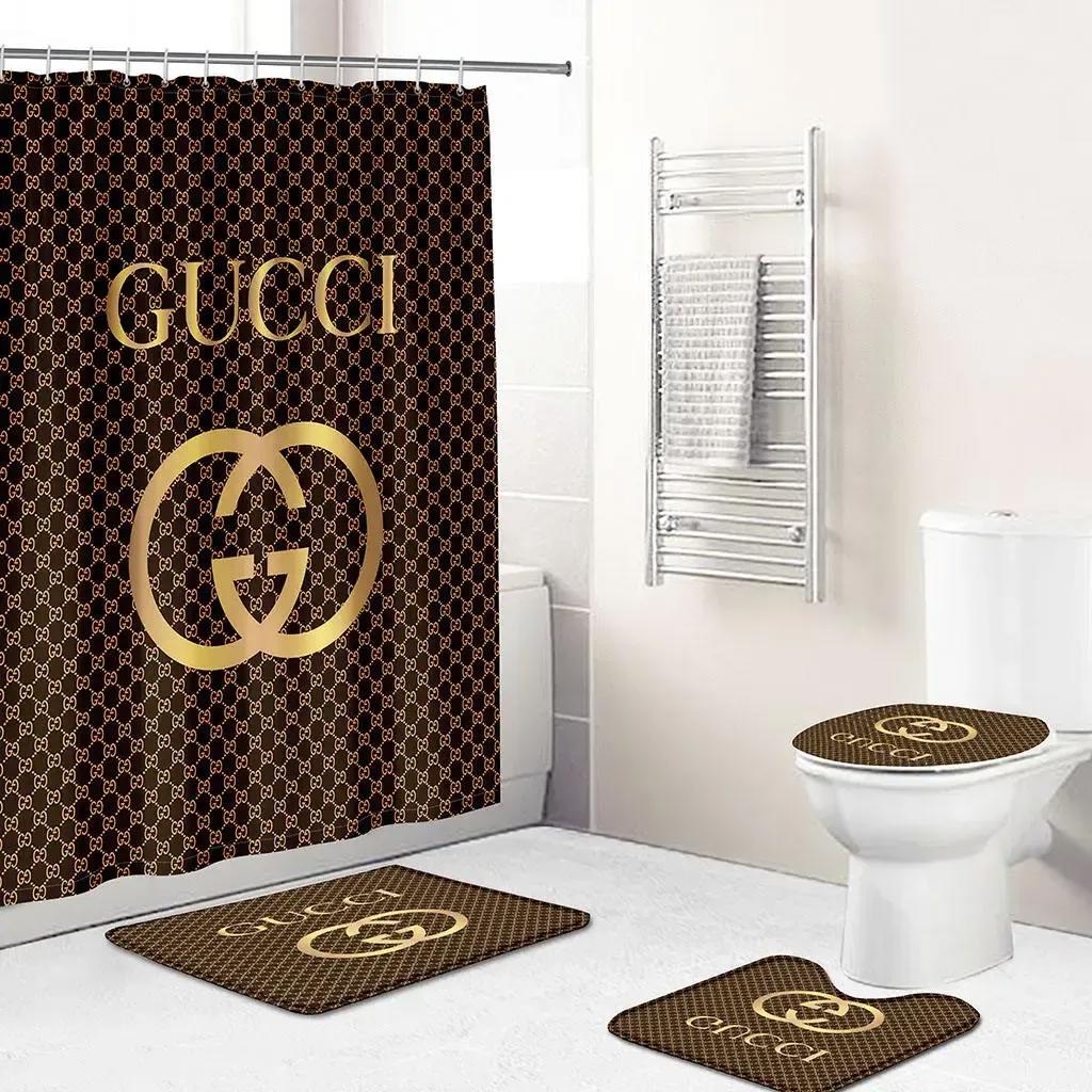 Gucci logo type 1381 Bathroom Accessory Sets Toilet Cover Bathroom Sets Hypebeast Bathroom Pedestal Rug Luxury Fashion Brand Bath Mat Set Home Decor Waterproof Shower Curtain