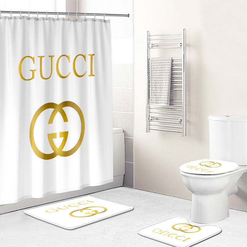 Gucci luxury bath mat sets white and gold logo bath mat sets shower curtain 262 Bathroom Set
