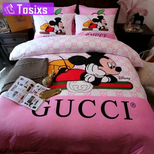 Gucci mickey mouse disney luxury brand bedding sets bedspread duvet cover set, bedroom decor , thanksgiving decorations for home best luxury bed sets gift thankgivings and christmas Bedding Sets