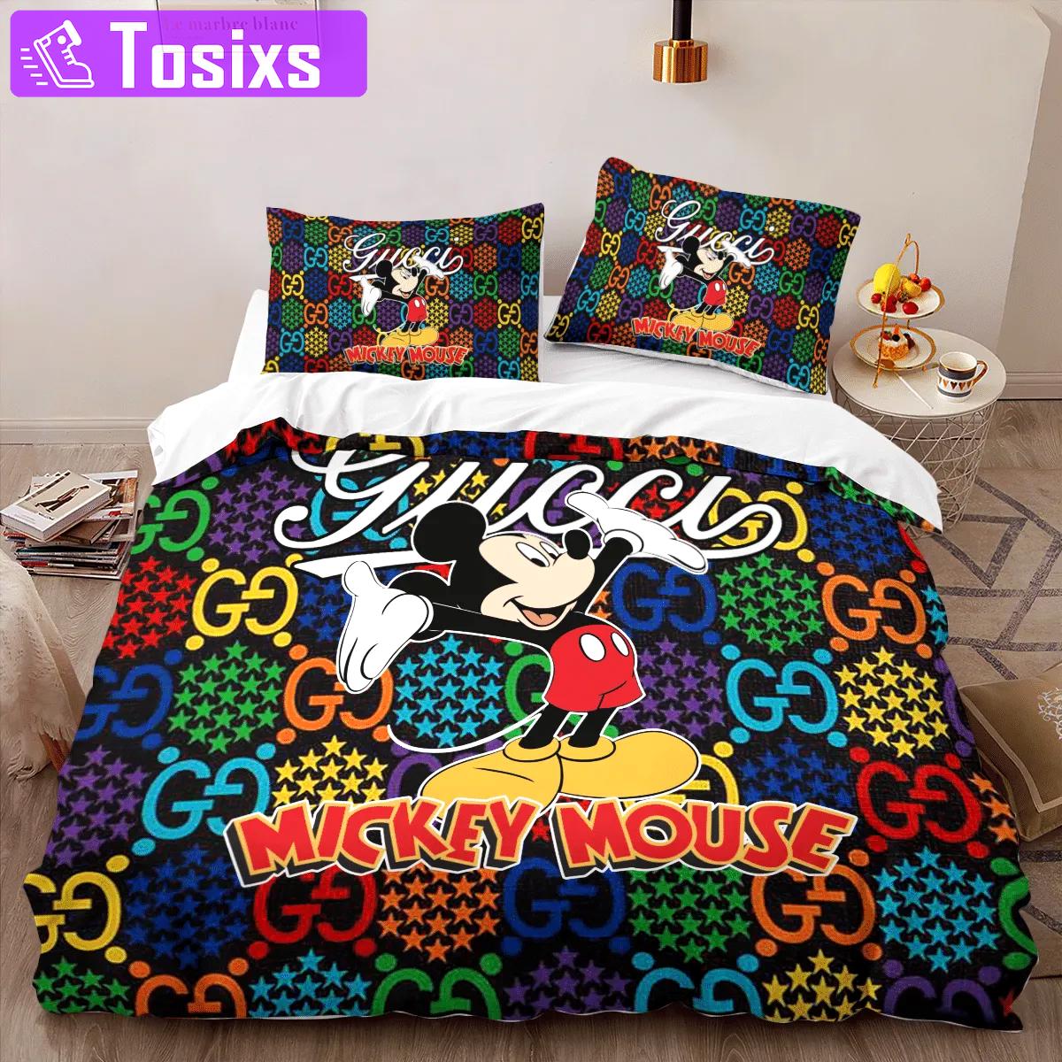 Gucci mickey mouse new fashion logo premium luxury brand high-end bedding sets lv, bedroom decor , thanksgiving decorations for home best luxury bed sets gift thankgivings and christmas Bedding Sets