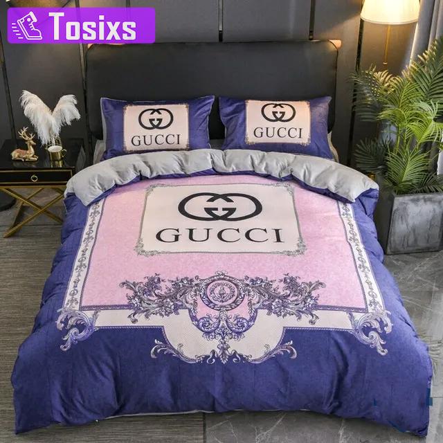 Gucci pink blue luxury brand bedding sets bedspread duvet cover set, bedroom decor , thanksgiving decorations for home best luxury bed sets gift thankgivings and christmas Bedding Sets