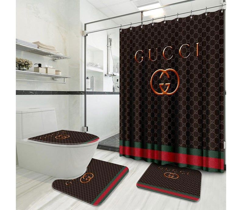 Gucci retro logo type 1651 Bathroom Accessory Sets Bathroom Sets Waterproof Shower Curtain Luxury Fashion Brand Pedestal Rug Bath Mat Set Hypebeast Bathroom Toilet Cover Home Decor