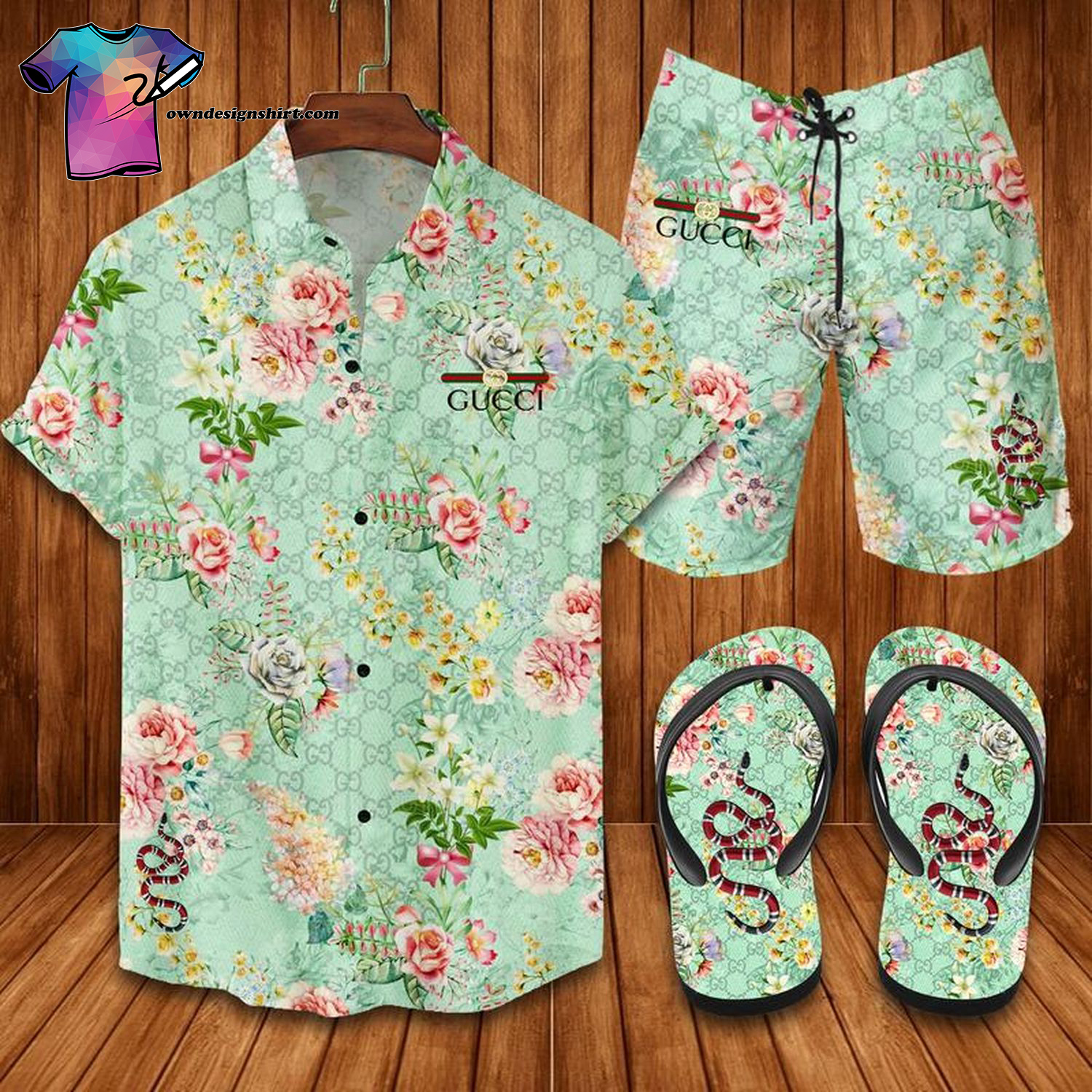 Gucci snake and flower full print hawaiian shirt beach shorts and flip flops Hawaii Shirt Shorts & Flip Flops