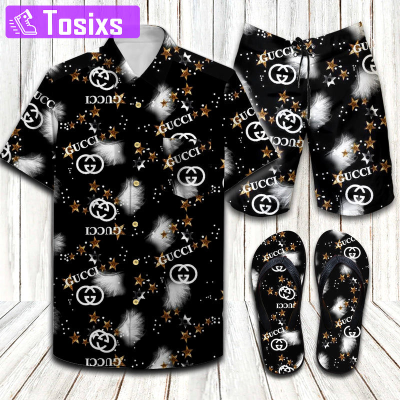 Gucci star luxury brand black combo hawaiian shirt shorts and flip flops Hawaii Shirt Shorts & Flip Flops