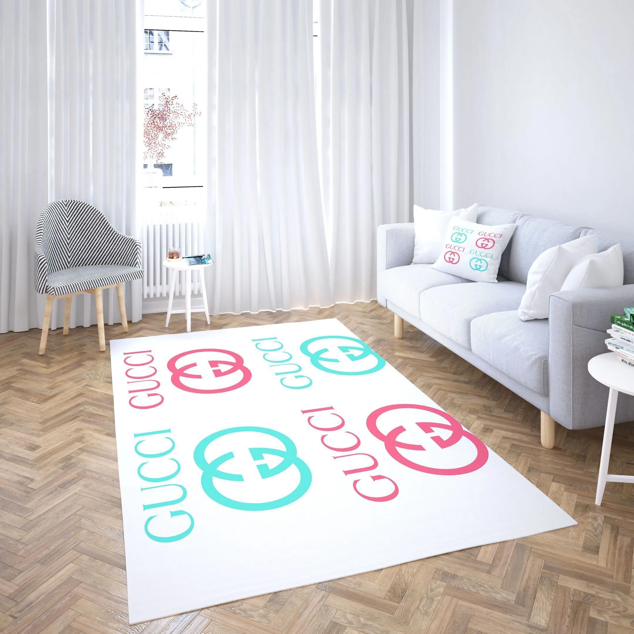 Gucci white logo type 54. Upgrade Your Living Room with Luxury Home Decor: Area Carpets, Floor Decor, Door Mats, and Hot Gift Items with style a High-End Fashion Brand Rectangle Rug