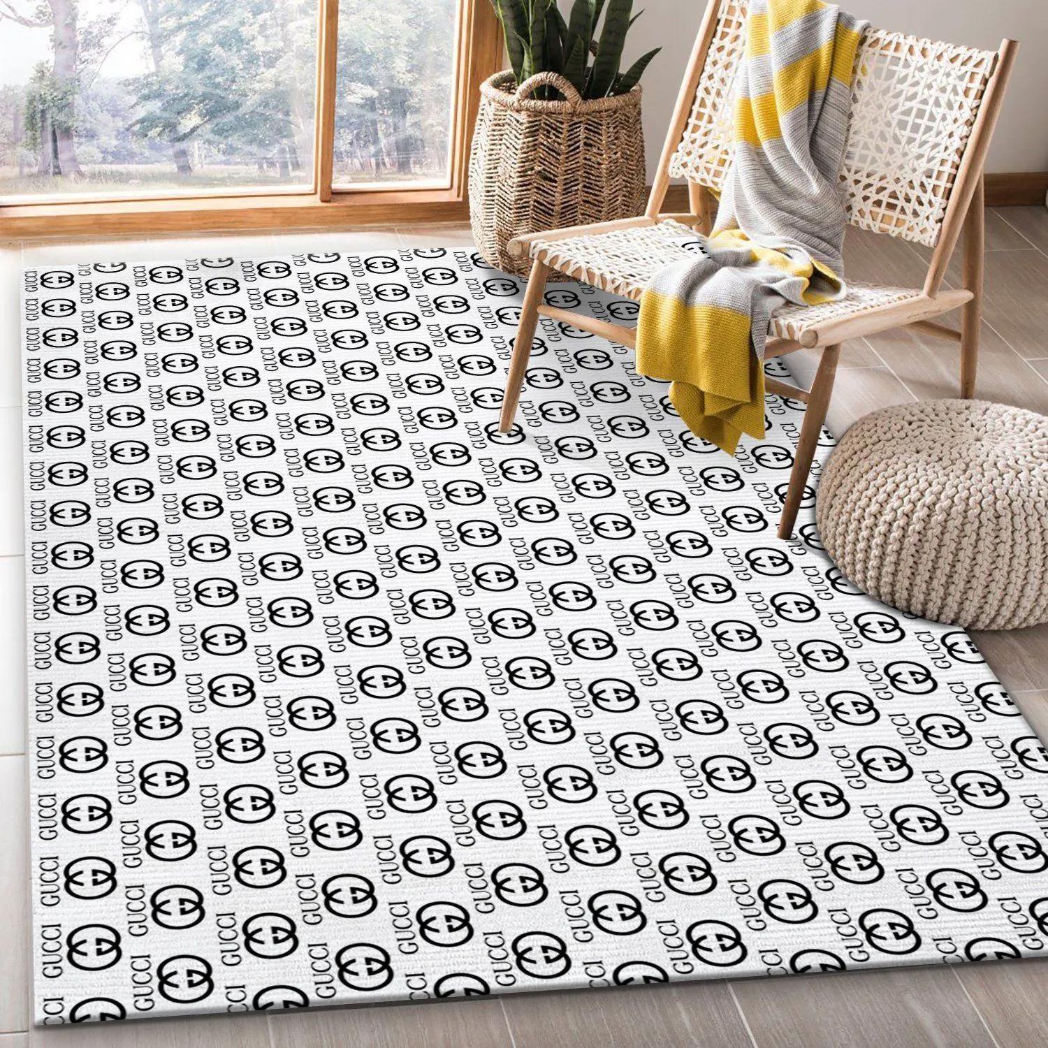 Gucci white logo type 57. Upgrade Your Living Room with Luxury Home Decor: Area Carpets, Floor Decor, Door Mats, and Hot Gift Items with style a High-End Fashion Brand Rectangle Rug