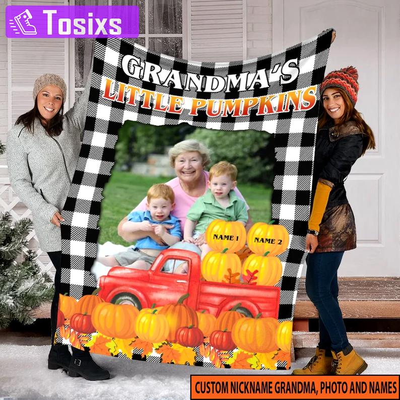 Halloween decorations custom name and photo halloween blanket, grandma's little pumpkin blanket, family halloween movies blanket, halloween blanket, gift for son Quilt Blanket