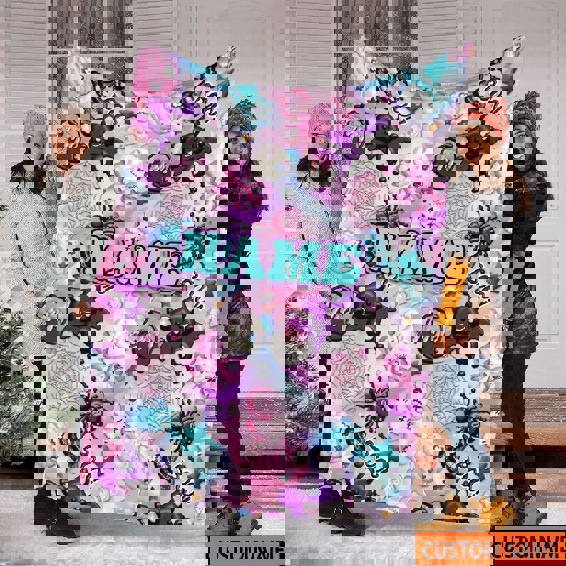 Halloween decorations custom name halloween bat blanket, pumpkin pink halloween blanket, halloween fleece blanket, gift halloween blanket, baby gift, decor hallow Quilt Blanket