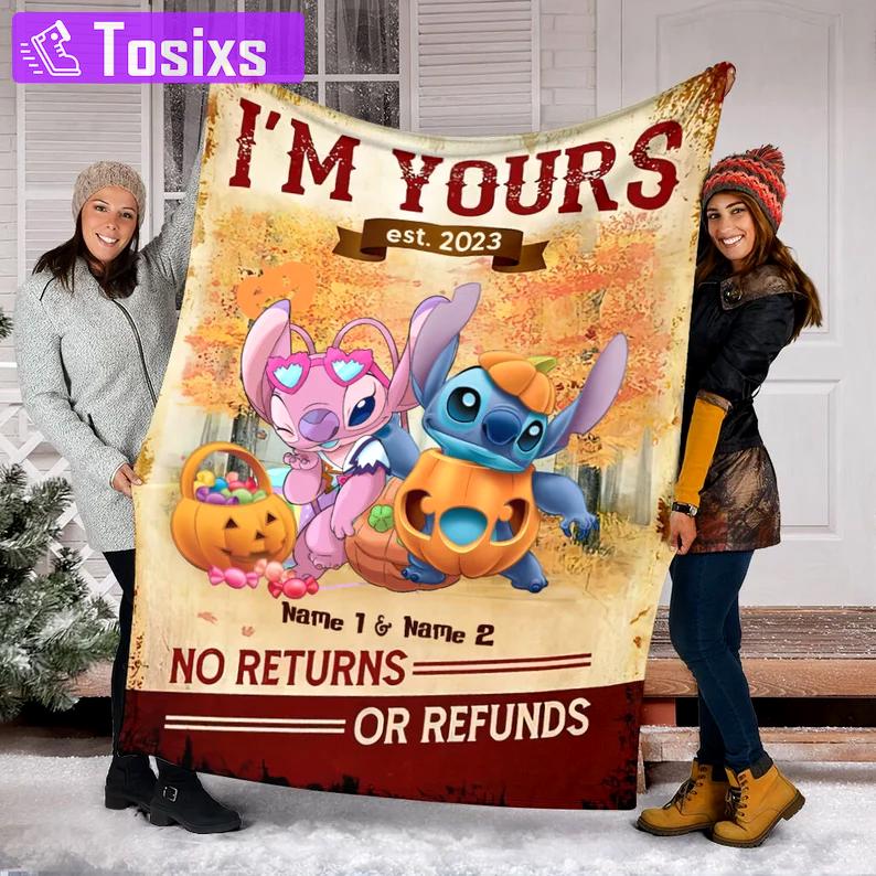 Halloween decorations fall season stitch blanket, personalized name stitch halloween blanket, stitch and angel halloween, pumpkin - thanksgiving halloween blanket Quilt Blanket