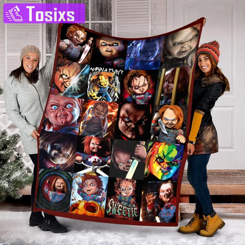Halloween decorations halloween chucky blanket, play it horror character blanket, fleece mink sherpa halloween blanket, creepy halloween movies blanket, gift fan Quilt Blanket