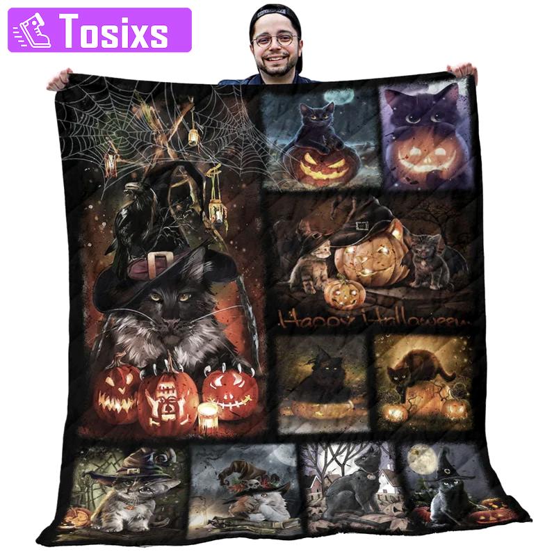 Halloween decorations pumpkin quilt - black cat halloween with scary pumpkin spooky house quilt - gifts for pumpkin lovers Quilt Blanket
