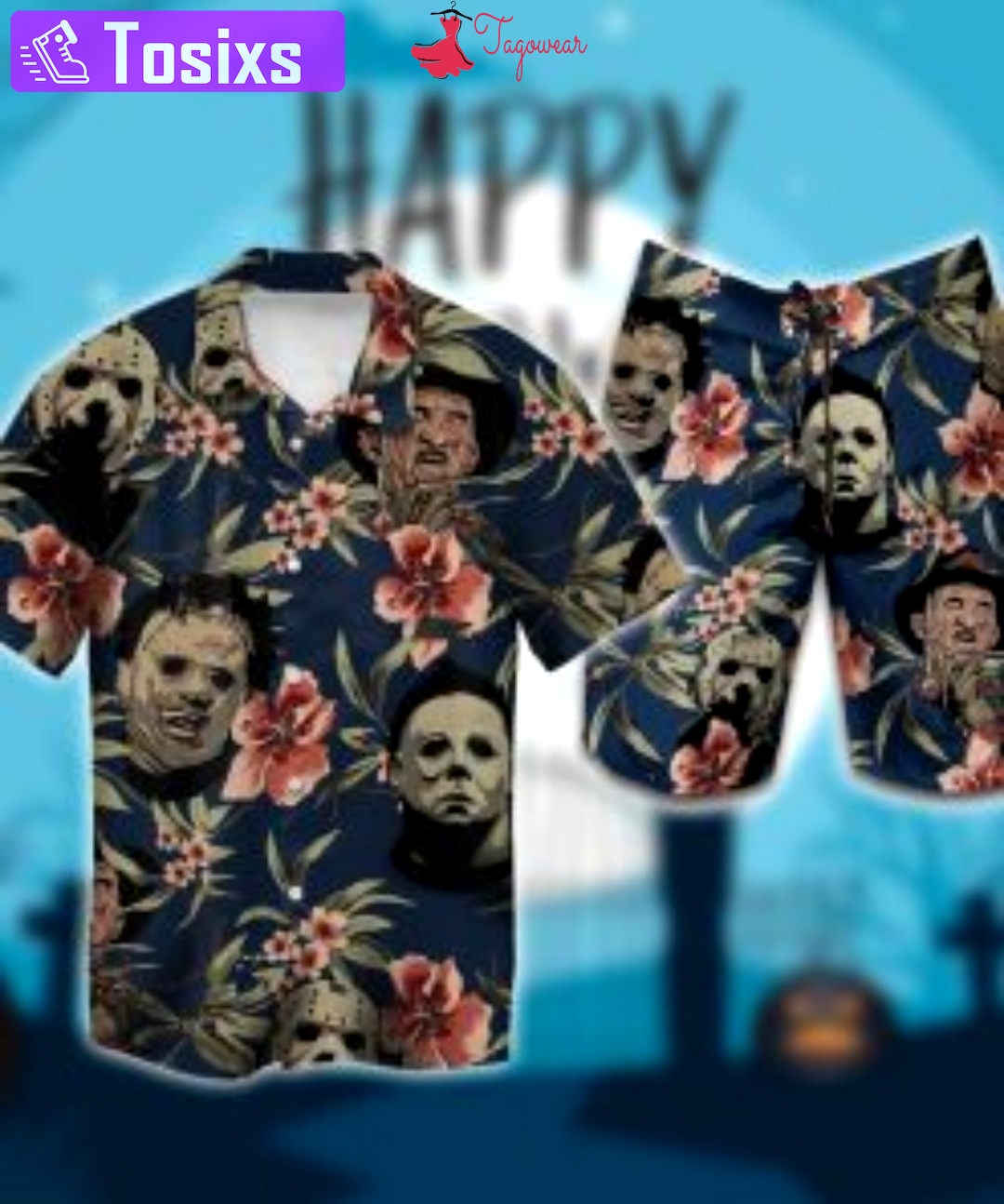 Halloween michael myers jason voorhees freddy krueger leatherface combo hawaiian shirt, beach shorts luxury summer clothes style #236 Hawaii Shirt Shorts & Flip Flops