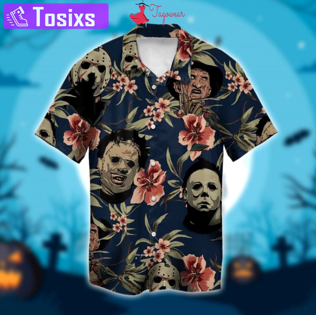 Halloween michael myers jason voorhees freddy krueger leatherface combo hawaiian shirt, beach shorts luxury summer clothes style #258 Hawaii Shirt Shorts & Flip Flops