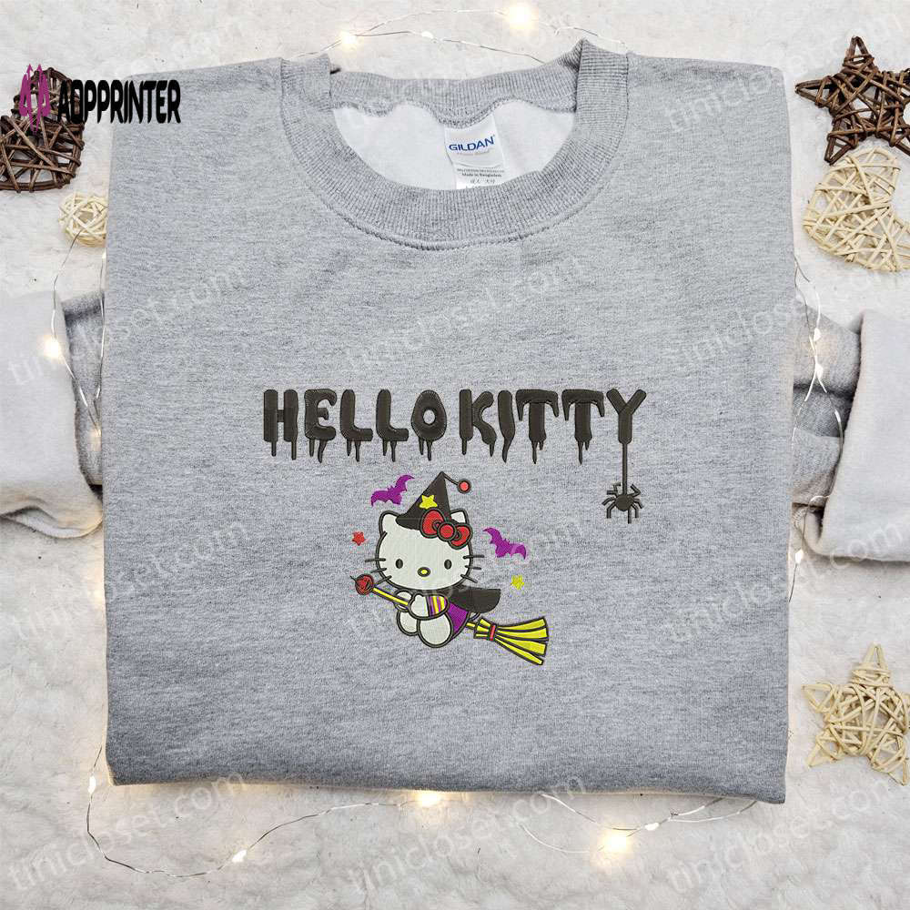 Hello kitty witch embroidered shirt – adorable & happy halloween sweatshirt Embroidered Shirt