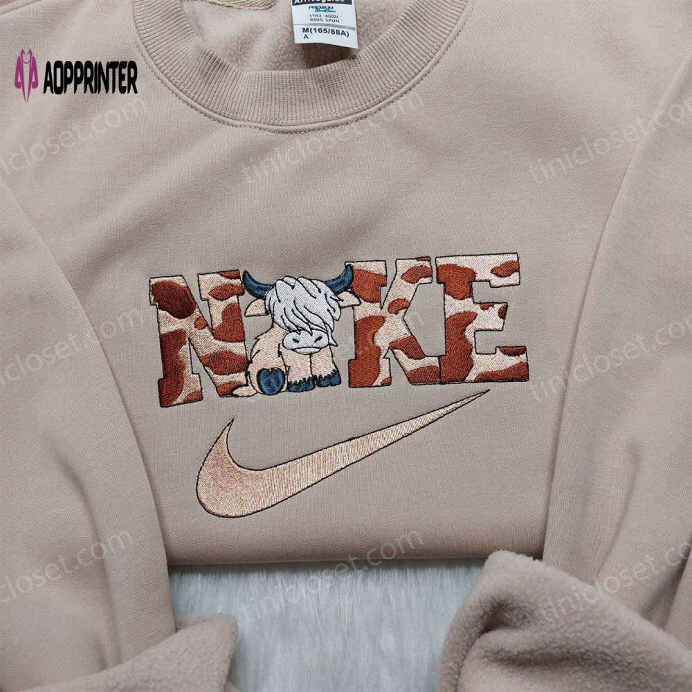 Highland cow nike embroidered shirt – trendy sweatshirt with custom nike style Embroidered Shirt