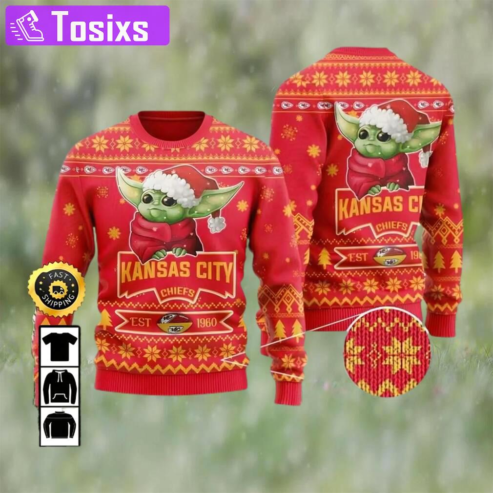 Kansas city chiefs est 1960 baby yoda ugly christmas sweater, faux wool sweater, national football league, gifts for fans football nfl, football 3d ugly sweater ? prinvity Christmas Ugly Sweater