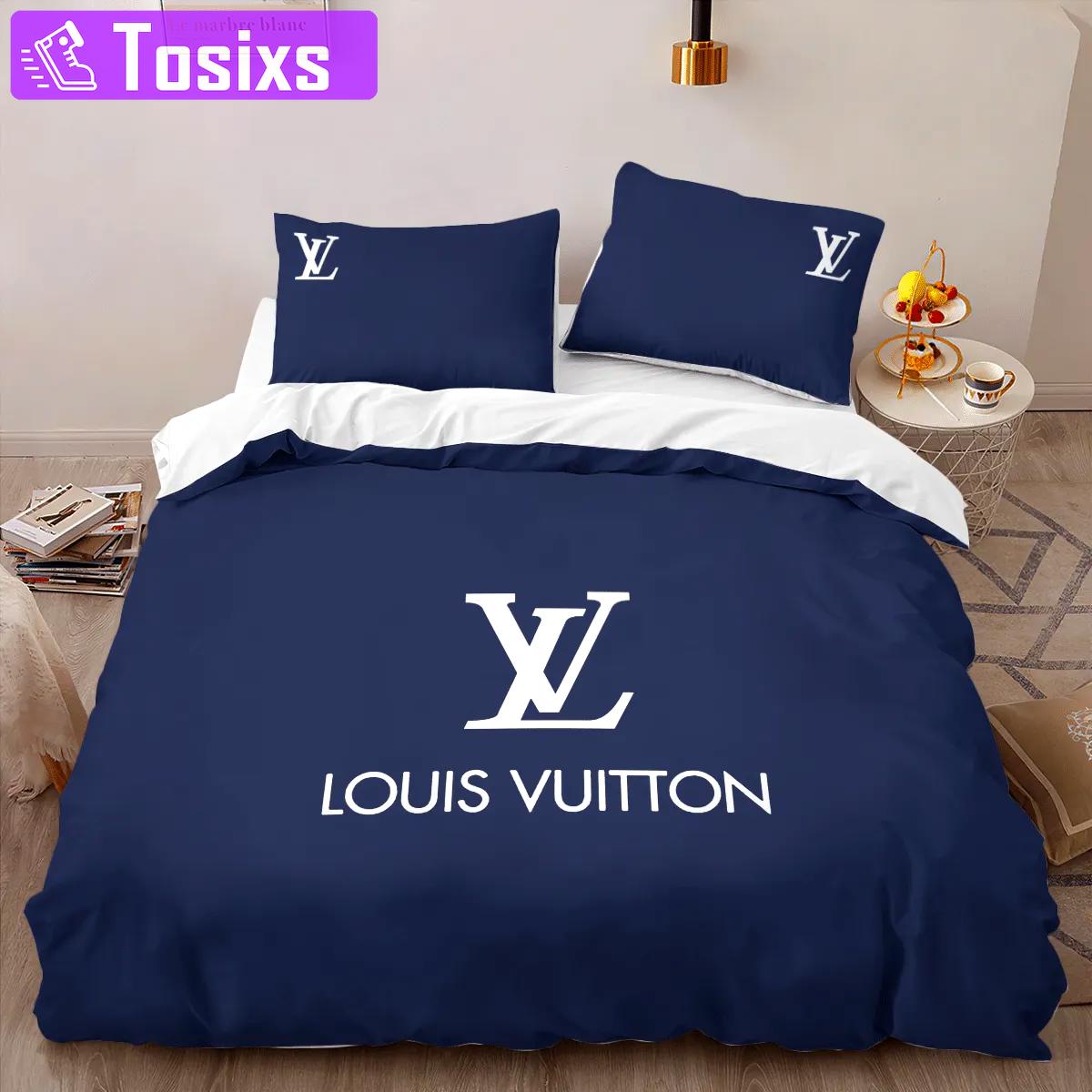 Louis vuitton blue logo limited edition luxury brand high-end bedding sets lv, bedroom decor , thanksgiving decorations for home best luxury bed sets gift thankgivings and christmas Bedding Sets