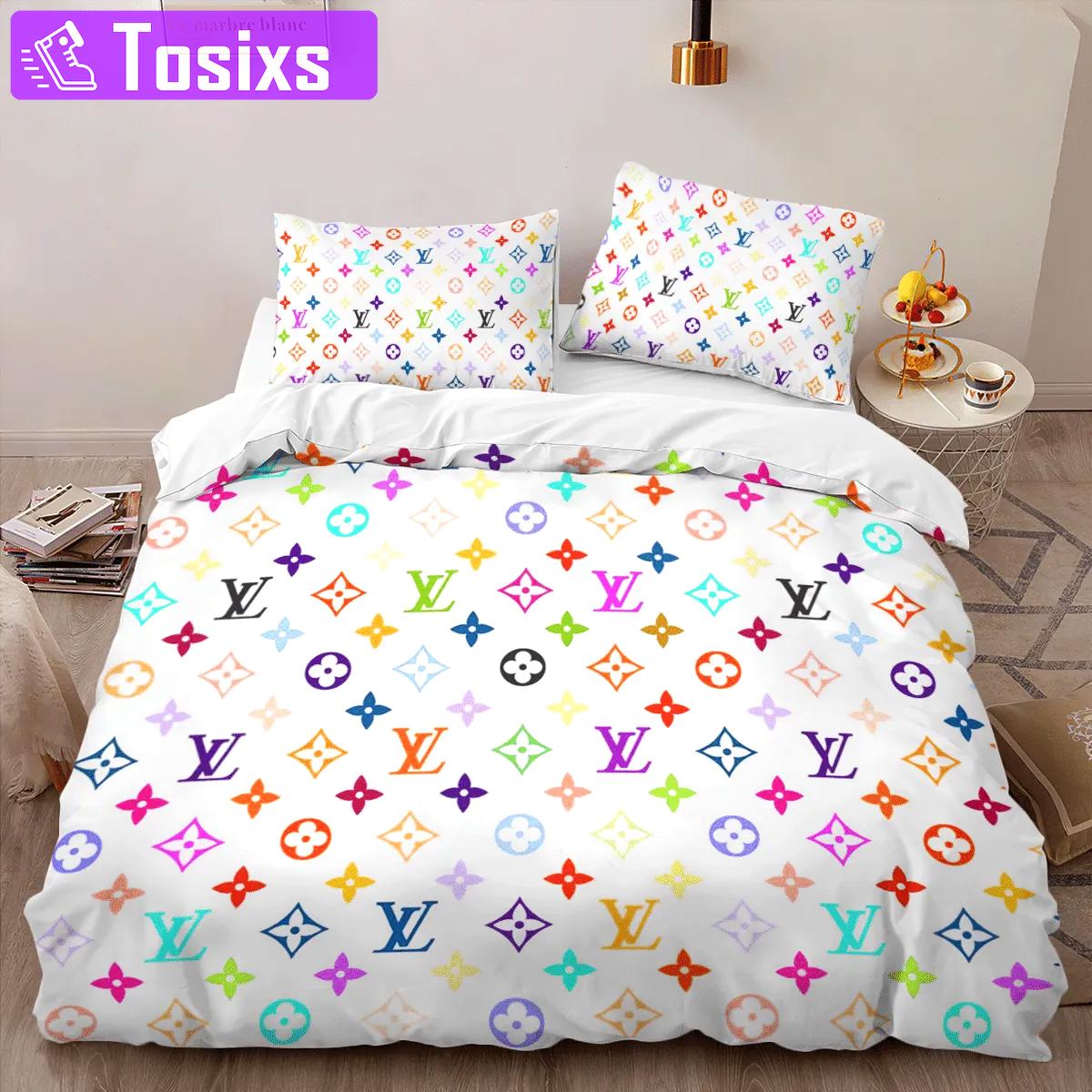 Louis vuitton colorful limited edition luxury brand bedding sets bedspread duvet cover set, bedroom decor , thanksgiving decorations for home best luxury bed sets gift thankgivings and christmas Bedding Sets