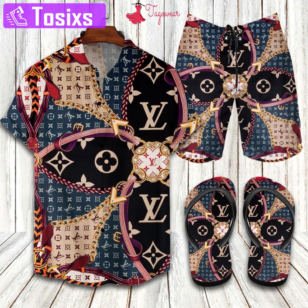 Louis vuitton flip flops and combo hawaiian shirt, beach shorts luxury summer clothes style #160 Hawaii Shirt Shorts & Flip Flops