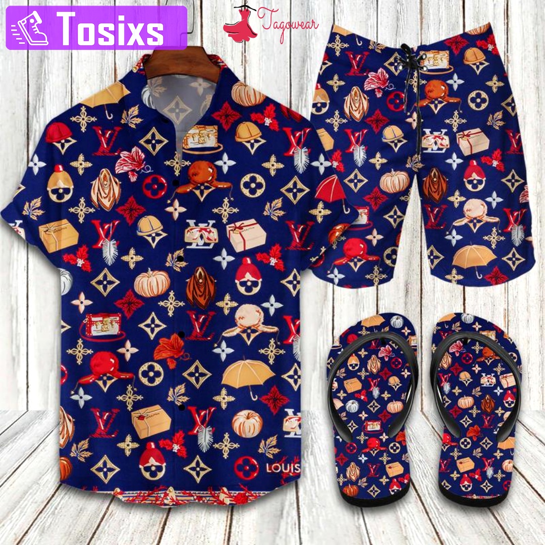 Louis vuitton flip flops and combo hawaiian shirt, beach shorts luxury summer clothes style #534 Hawaii Shirt Shorts & Flip Flops