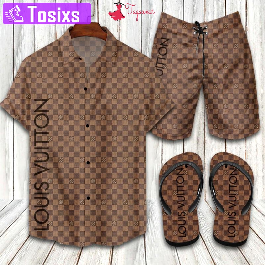 Louis vuitton flip flops combo hawaiian shirt, beach shorts luxury summer clothes style #111 Hawaii Shirt Shorts & Flip Flops