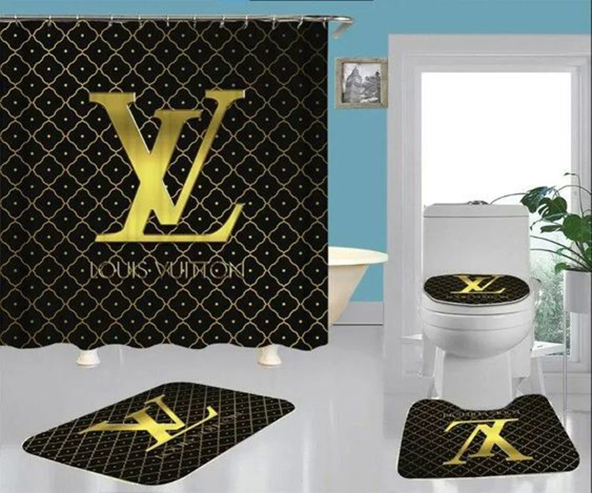 Louis vuitton lv black gold bathroom sets home decor bath mat hypebeast luxury fashion brand Bathroom Set