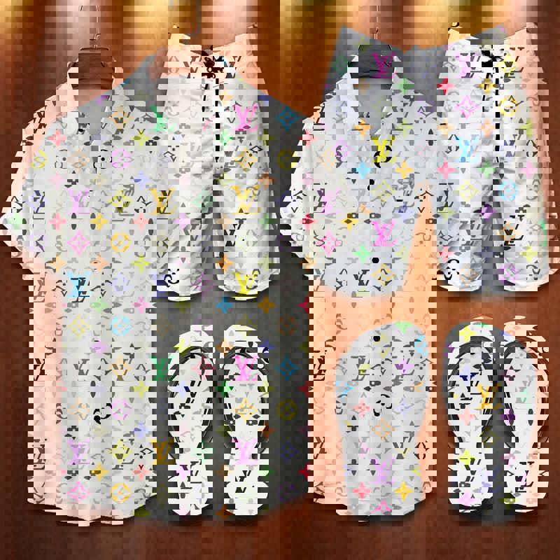 Louis vuitton lv flip flops and combo hawaii shirt shorts luxury brand summer outfit 4 Hawaii Shirt Shorts & Flip Flops
